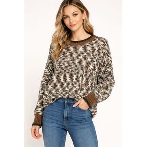 Skies Are Blue Women M Sweater Brown Green Abstract Knit Crew Neck Pullover U